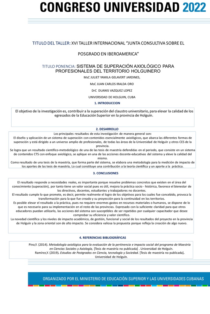 AXYOLOGICAL SUPERIORATION SYSTEM FOR PROFESSIONALS FROM THE HOLGUINIAN TERRITORY