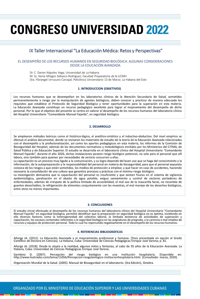 The performance of human resources in biological safety: some considerations from Advanced Education