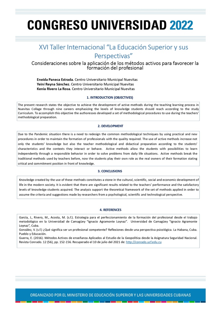 CONSIDERATIONS ABOUT THE APPLICATION OF ACTIVE METHODS TO FAVOR  THE PROFESSIONAL FORMATION
