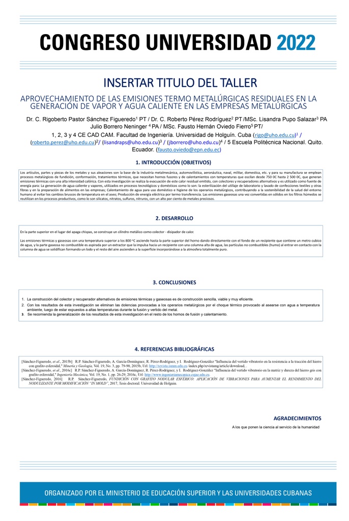 Use of residual thermo-metallurgical emissions in steam and hot water generation in metallurgical companies